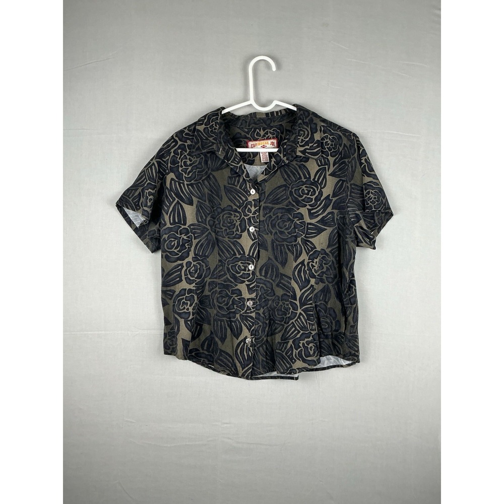 Caribbean Joe Womens Button Up Blouse Petite XL Floral Rayon Short Sleeve